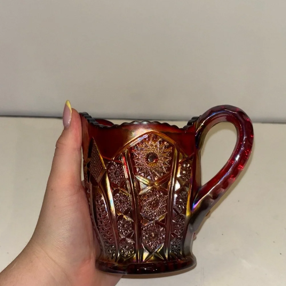 Vtg Indiana Glass Creamer Heirloom Sunset Ruby Iridescent Carnival Glass_6